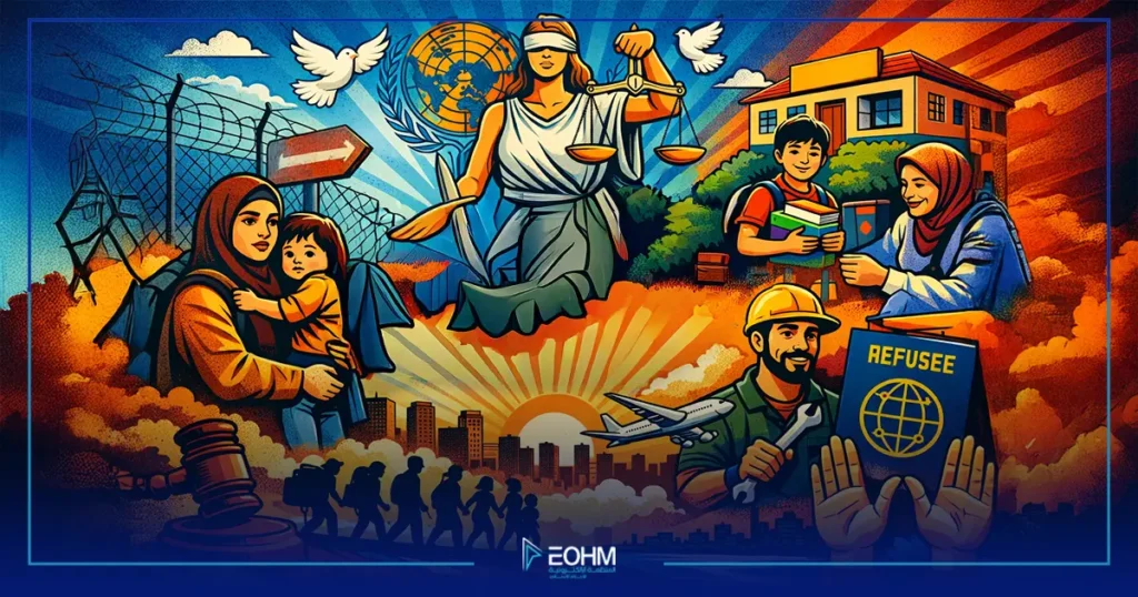 تصميم فني يوضح حقوق اللاجئين ويعرض رموز العدالة والحماية والتعليم والعمل
