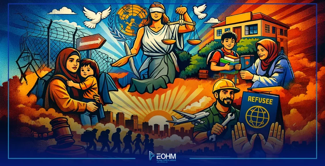 تصميم فني يوضح حقوق اللاجئين ويعرض رموز العدالة والحماية والتعليم والعمل