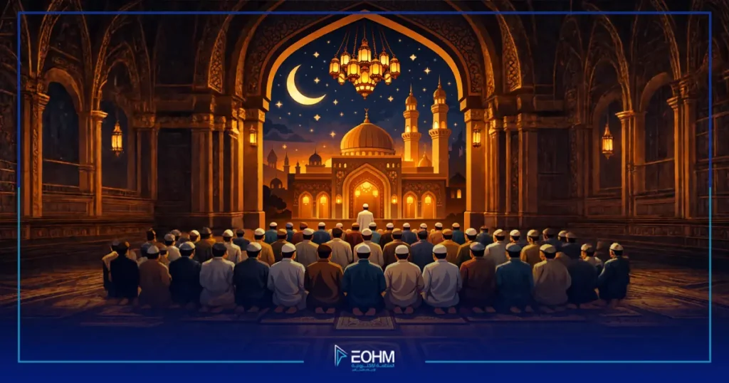 صلاة التراويح في رمضان داخل مسجد مضاء تحت سماء ليلية وهلال