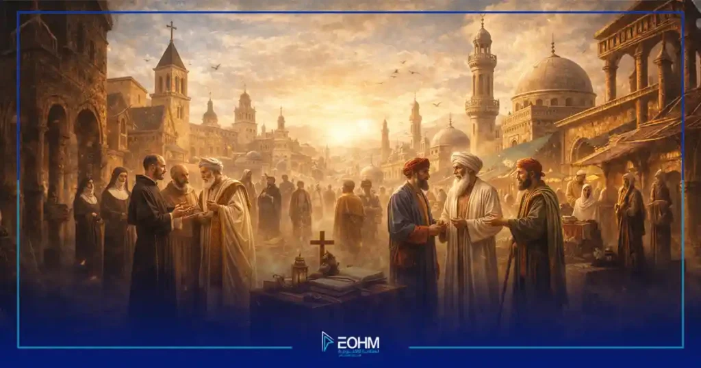 مشهد تاريخي يعكس التعايش بين المسلمين والمسيحيين في مدينة قديمة