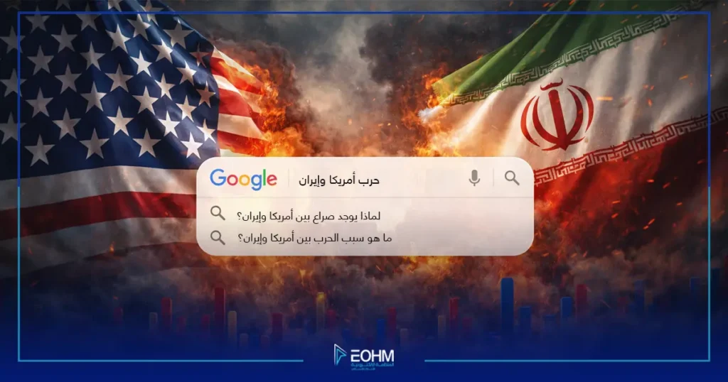 تصميم يعكس تفاعل عمليات البحث العربية مع حرب أمريكا وإيران عبر جوجل