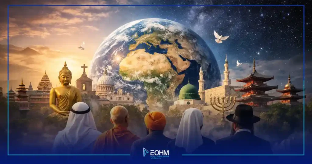 رموز دينية مختلفة في حالة توتر رمزي يعكس النزاعات الدينية