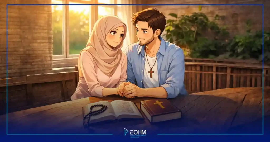 خاتما زواج فوق كتابين دينيين يرمزان إلى الزواج بين الأديان للاجابة على سؤال هل يجوز الزواج من مسيحية