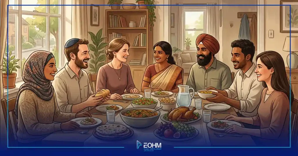 مائدة مشتركة بين أشخاص من ديانات مختلفة تعبر عن التعايش واحترام الآخر ودلالة على الأطفل من طعام غير المسلمين