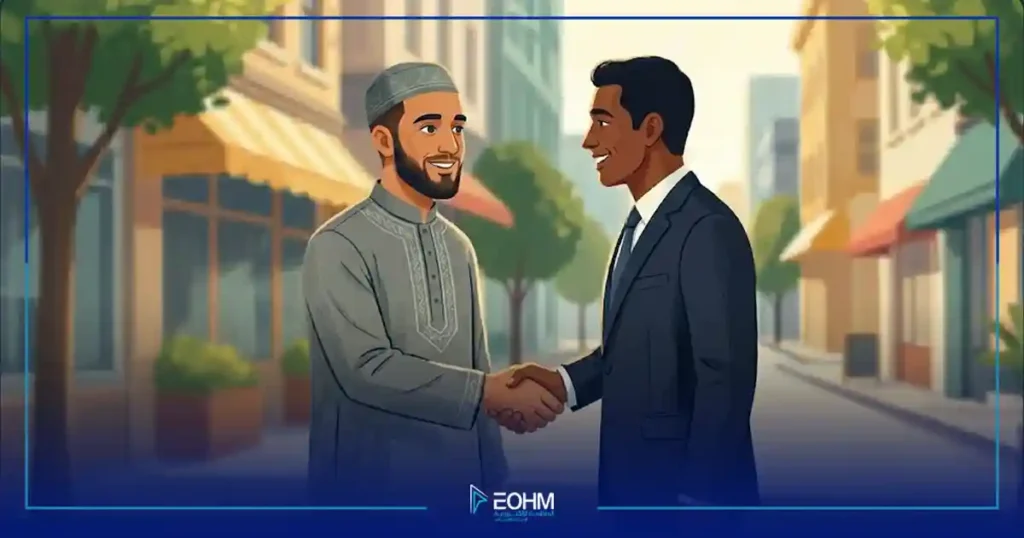 رسم توضيحي لرجلين يتصافحان، أحدهما يرتدي ملابس إسلامية تقليدية والآخر يرتدي بدلة رسمية، في شارع مدينة أوروبية.