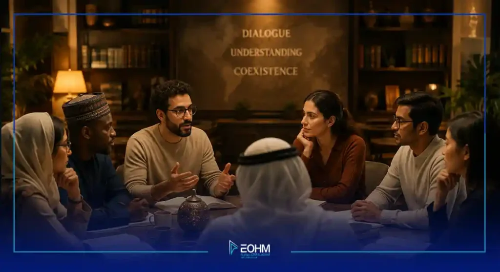 طاولة حوار تجمع شخصيات من خلفيات متعددة لتجسيد أخلاقيات الخطاب والعيش المشترك.