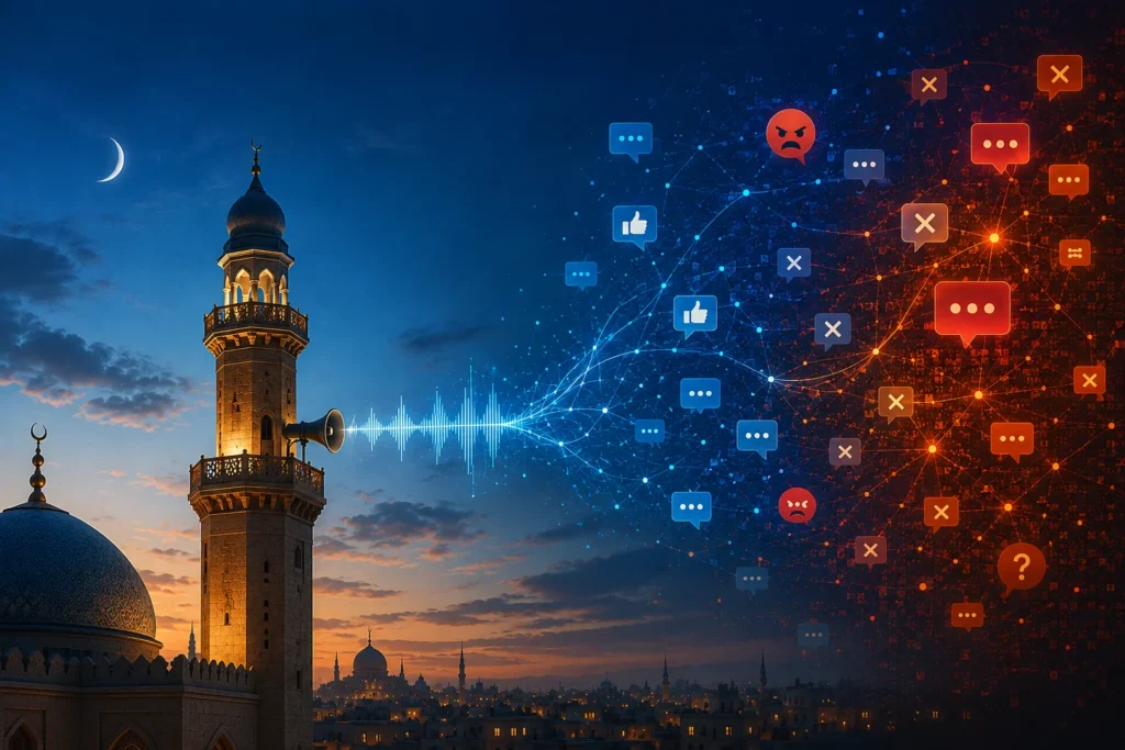 تجسيد رقمي لتحول الخلافات حول أزمة دينا المصري ومكبر الأذان إلى سجال رقمي وخطاب كراهية ديني 