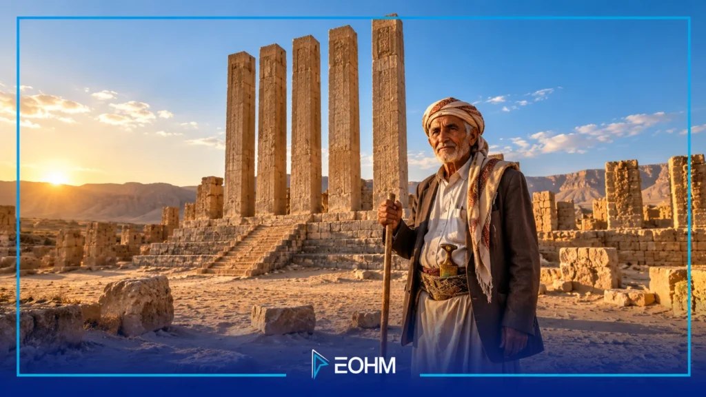 عمدة معبد أوام محرم بلقيس في مأرب وبوابة المعبد الأثرية.