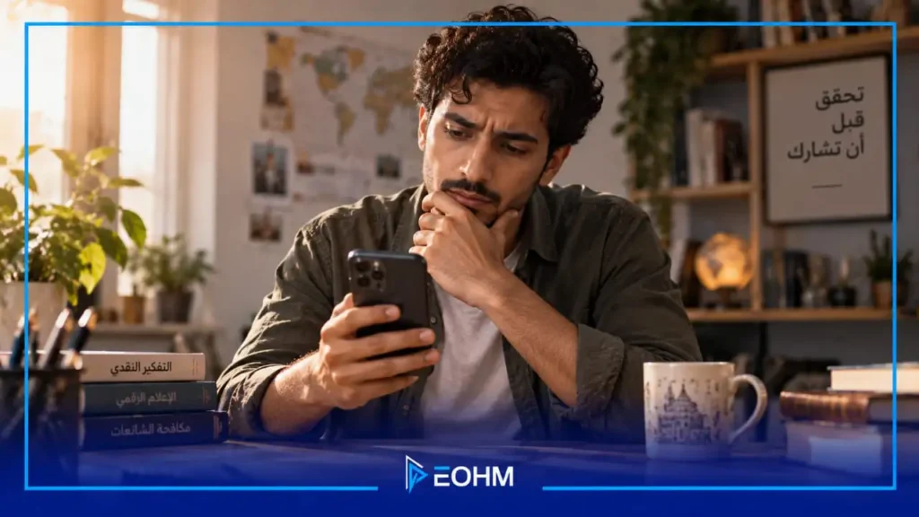 شخص يتأمل هاتفه الذكي بتركيز للتحقق من الشائعات والمعلومات المتداولة